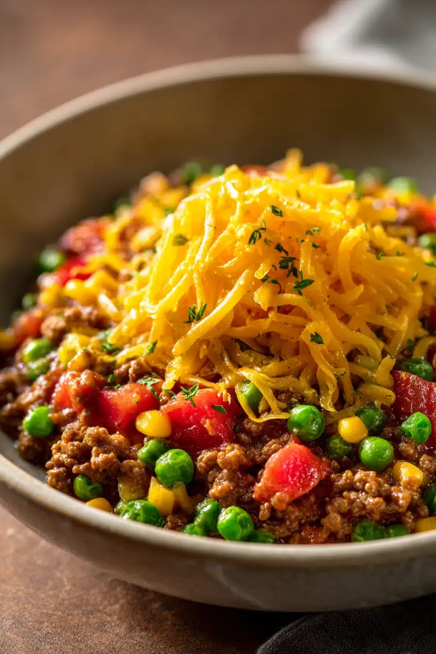 Close-up of a delicious ground beef dish with creamy sauce on a stove top.