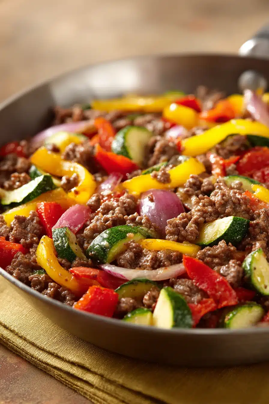 Close-up of a ground beef dish with vibrant colors and minimal background, gluten free.