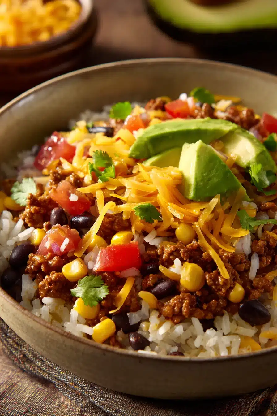 Close-up of ground beef taco rice bowls with fresh toppings