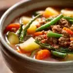 Close-up of ground beef vegetable soup with visible carrots, peas, and beef in a clear broth.