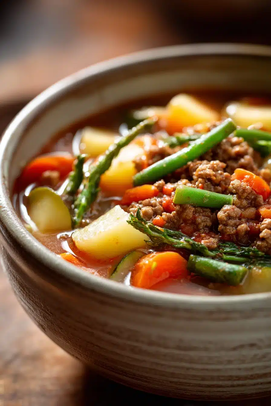 Close-up of ground beef vegetable soup with visible carrots, peas, and beef in a clear broth.