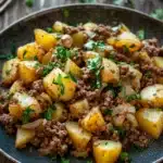 Close-up of ground beef with potatoes in a bright, appetizing presentation