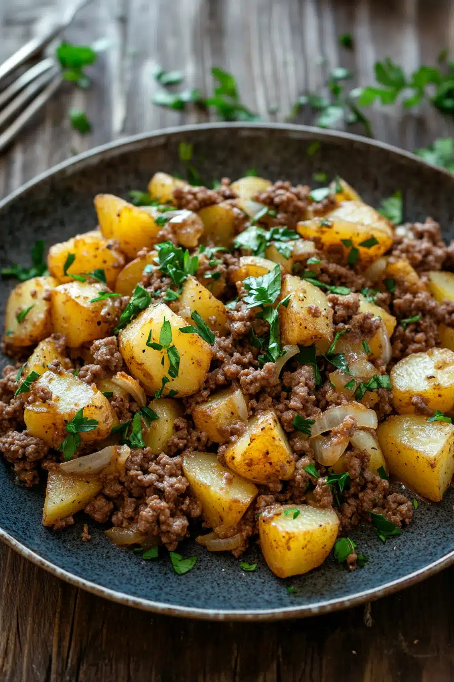 Close-up of ground beef with potatoes in a bright, appetizing presentation