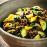 Close-up of a dish with ground beef and zucchini, bright and appetizing.