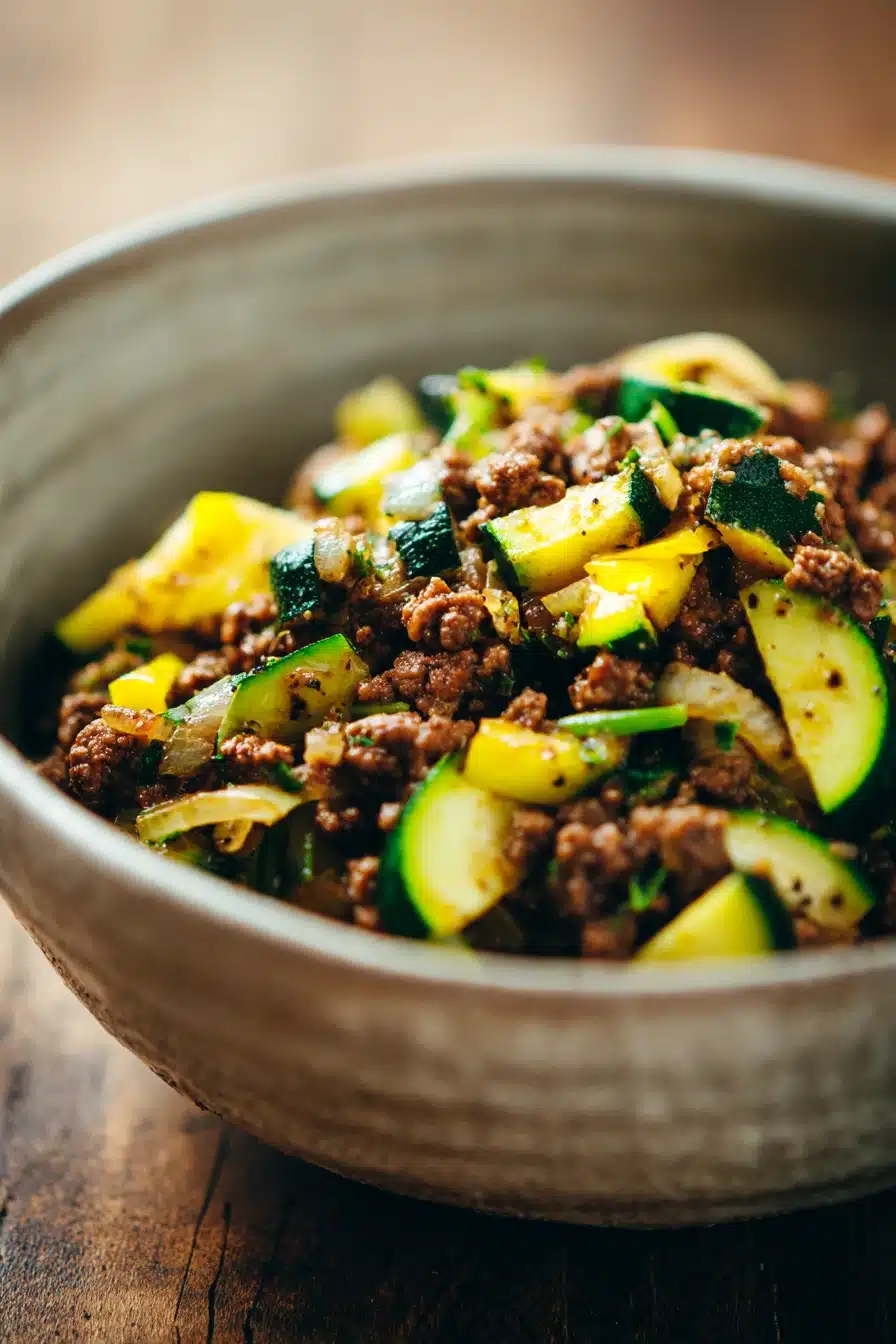 Close-up of a dish with ground beef and zucchini, bright and appetizing.