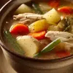 Close-up of hearty chicken vegetable soup with bright vegetables and tender chicken pieces.