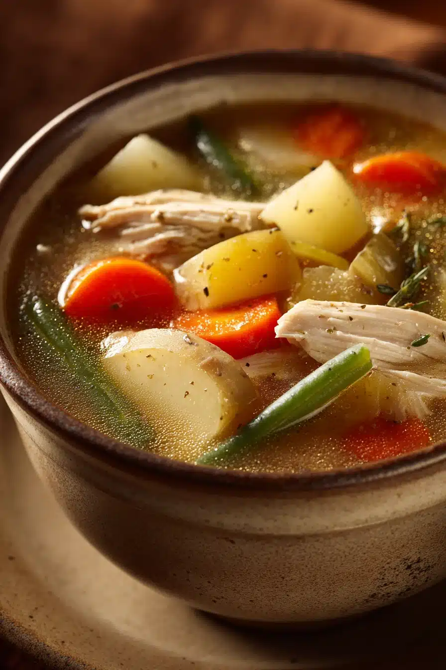 Close-up of hearty chicken vegetable soup with bright vegetables and tender chicken pieces.