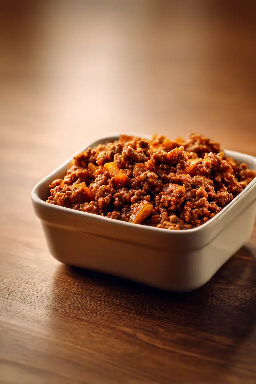 Close-up of a hearty ground beef dish with rich textures and warm lighting.