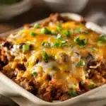 Close-up of a high protein beef enchilada bake with melted cheese and rich textures