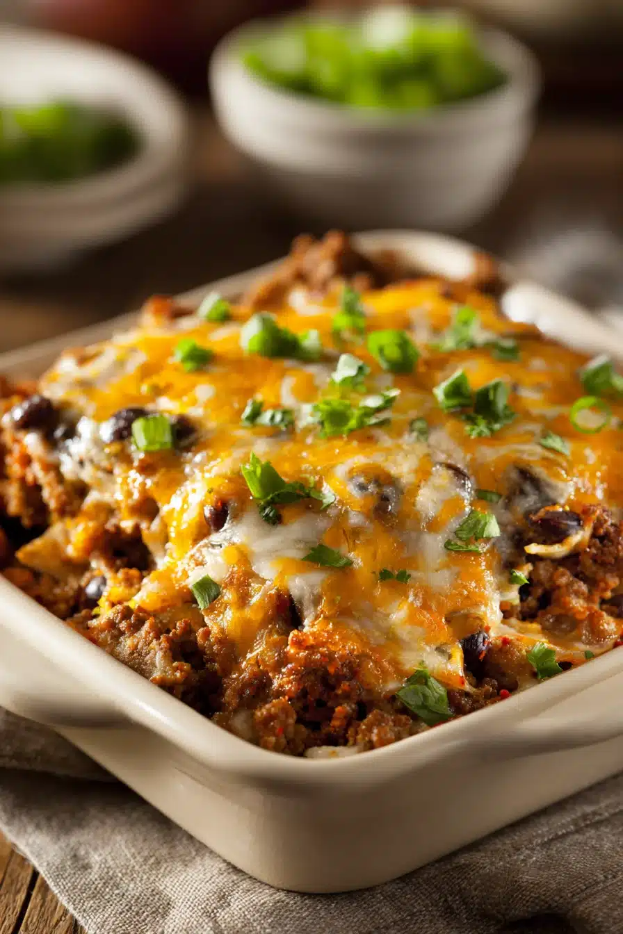 Close-up of a high protein beef enchilada bake with melted cheese and rich textures