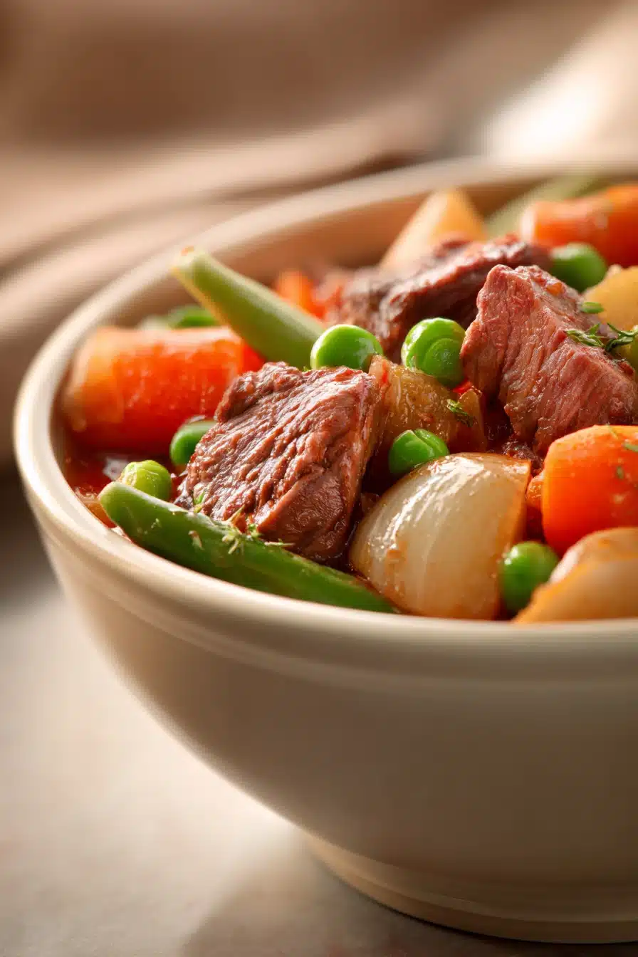 Close-up of a hearty beef dish in a slow cooker with rich textures and warm lighting.