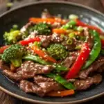 Close-up of a vibrant beef stir fry with colorful vegetables, showcasing high protein content.