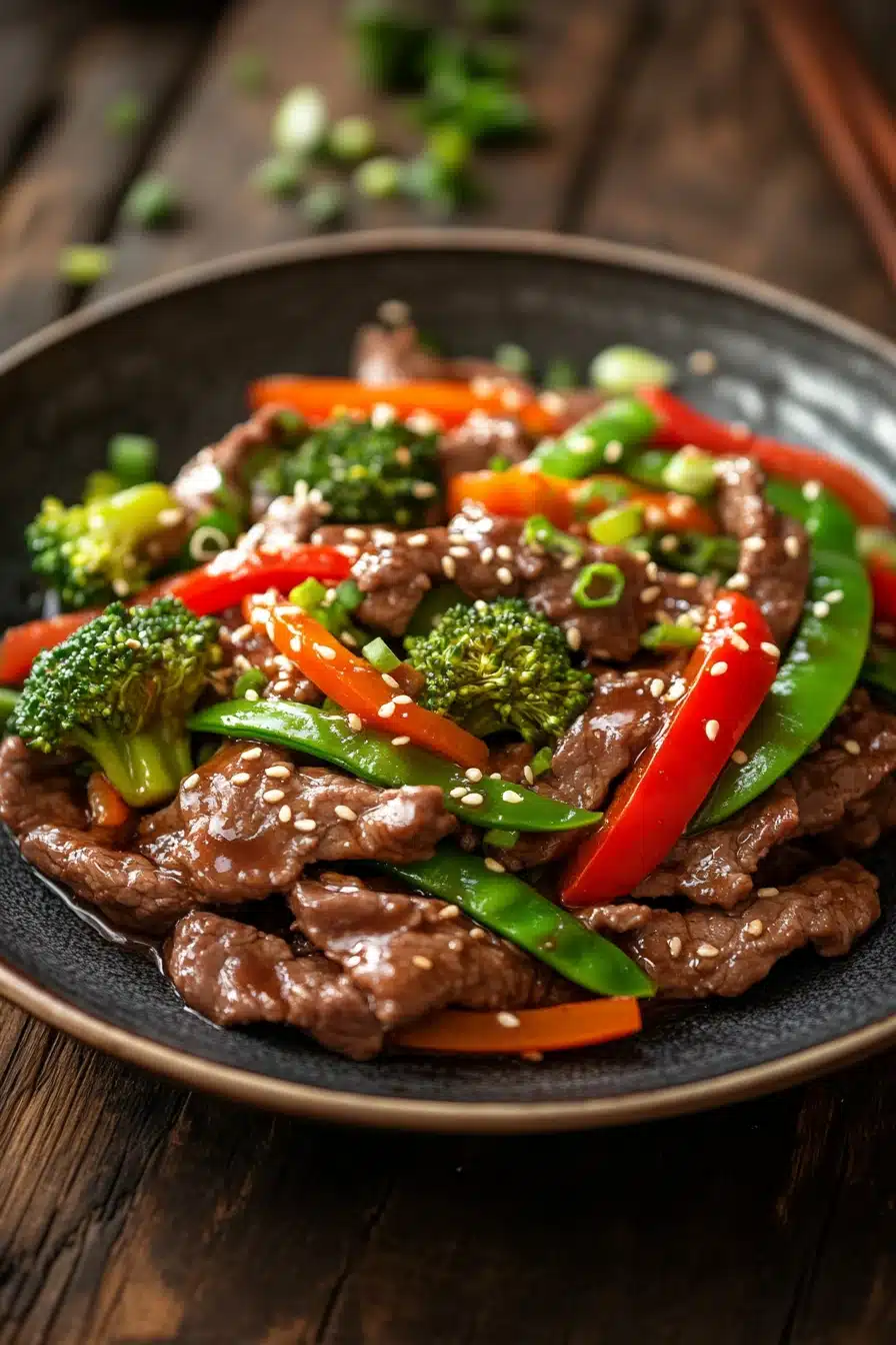 Close-up of a vibrant beef stir fry with colorful vegetables, showcasing high protein content.