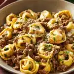 Close-up of high protein beef tortellini with a clean background
