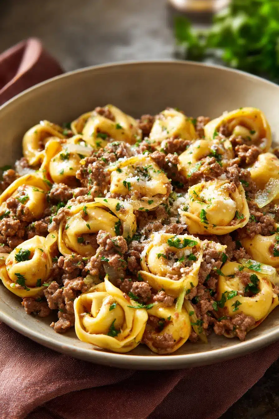 Close-up of high protein beef tortellini with a clean background
