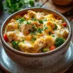 Close-up of a high protein chicken casserole with creamy sauce and herbs