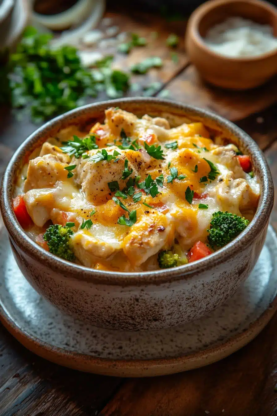 Close-up of a high protein chicken casserole with creamy sauce and herbs