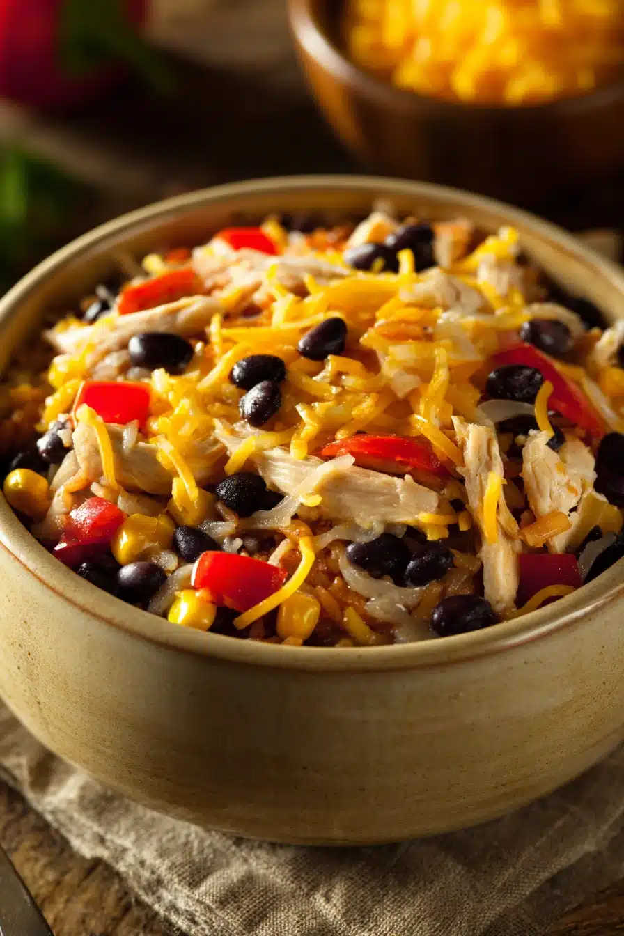 Close-up of a high protein chicken enchilada bowl with vibrant toppings and creamy sauce