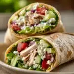 Close-up of a high protein chicken hummus wrap with fresh ingredients