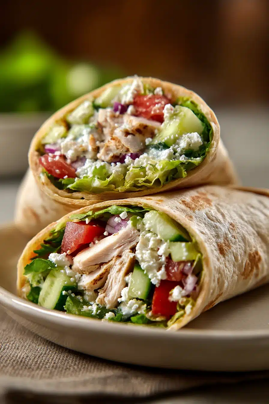 Close-up of a high protein chicken hummus wrap with fresh ingredients