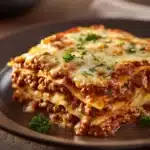 Close-up of high protein chicken lasagna with creamy sauce and golden cheese topping