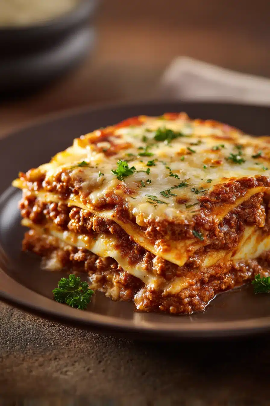 Close-up of high protein chicken lasagna with creamy sauce and golden cheese topping