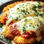 Close-up of high protein chicken parmesan with melted cheese and tomato sauce