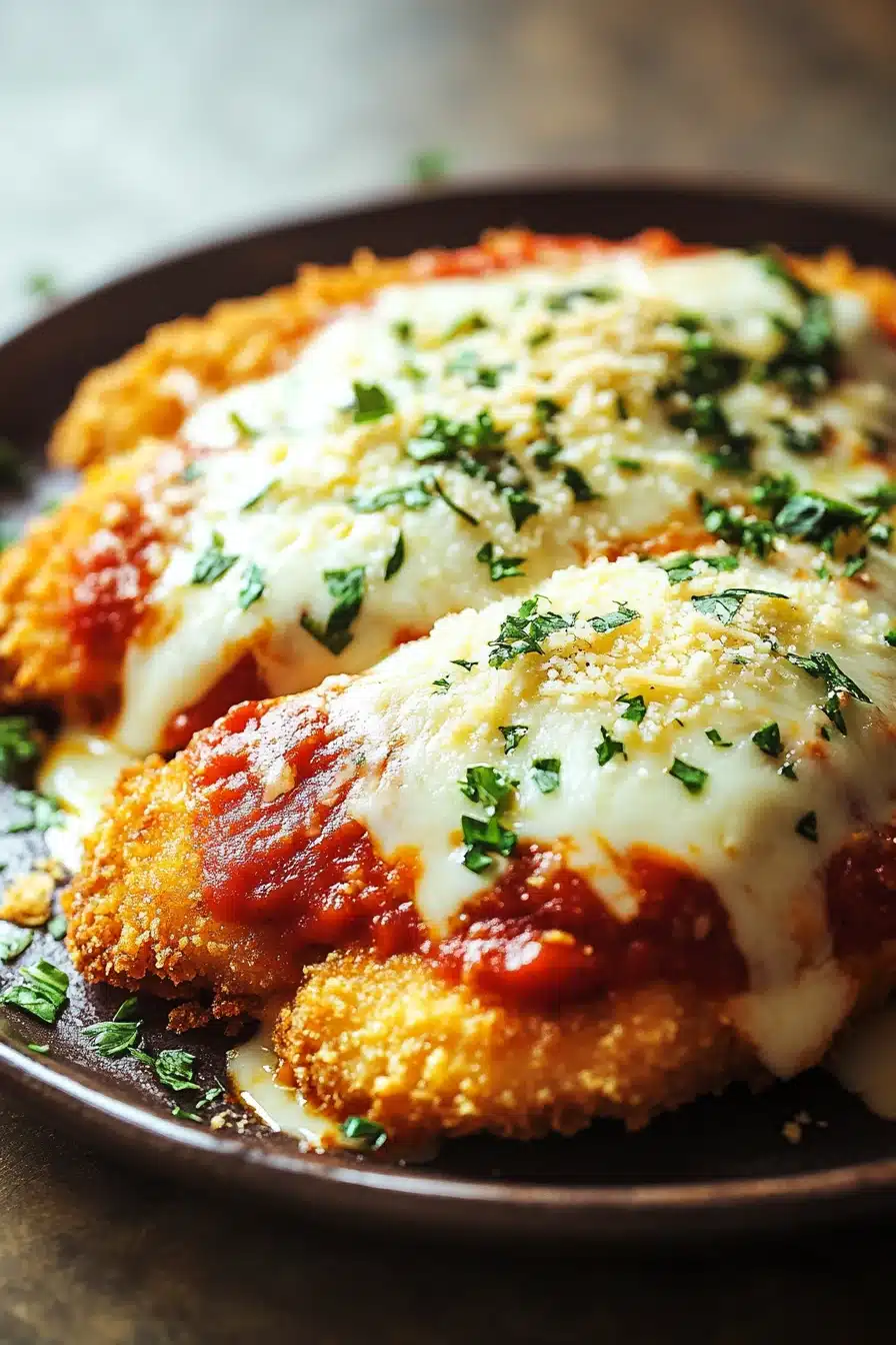 Close-up of high protein chicken parmesan with melted cheese and tomato sauce