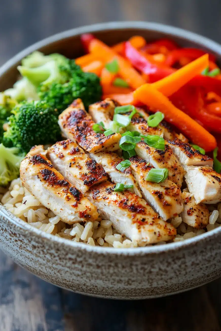 Close-up of a high protein chicken rice bowl with vibrant vegetables and a clean background.