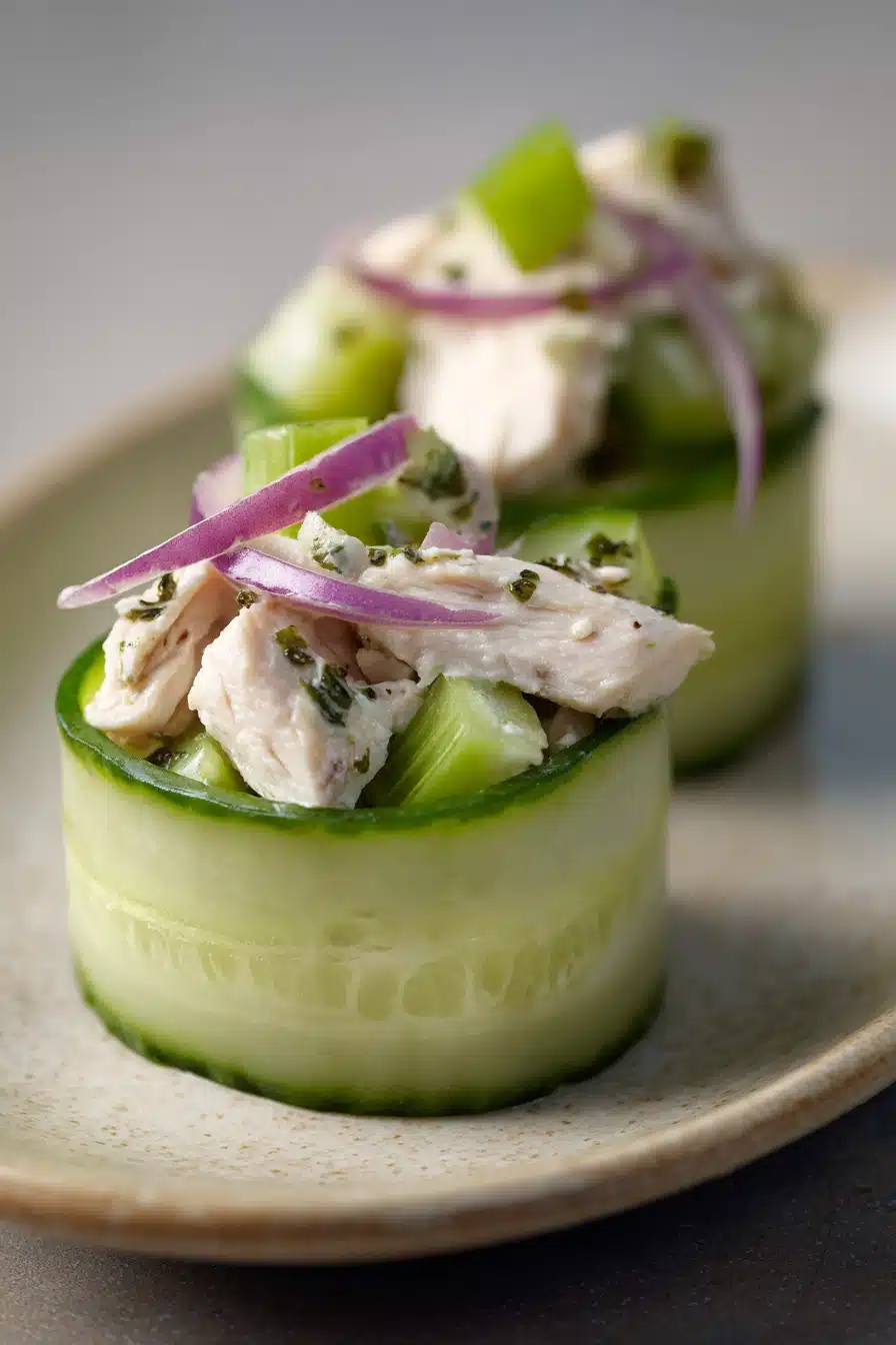 Close-up of high protein chicken salad cucumber roll with creamy sauce and fresh herbs