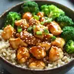 Close-up of a high protein chicken teriyaki bowl with vibrant vegetables and sesame seeds.