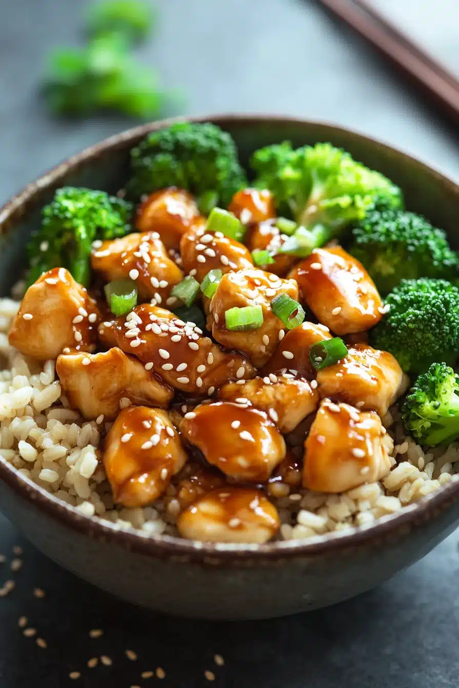 Close-up of a high protein chicken teriyaki bowl with vibrant vegetables and sesame seeds.