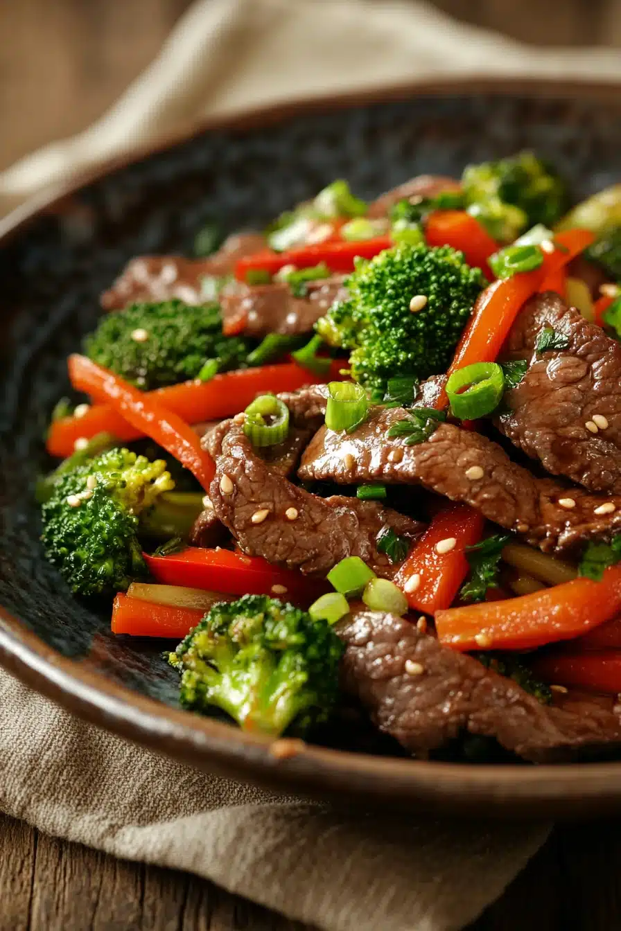 Close-up of a savory beef dish with rich textures and vibrant colors, perfect for a high protein dinner.