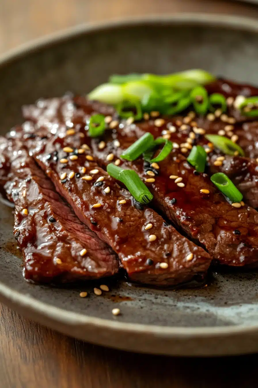 Close-up of high protein Korean BBQ beef with a clean background.