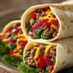Close-up of high protein wraps with beef, fresh vegetables, and herbs on a clean background.