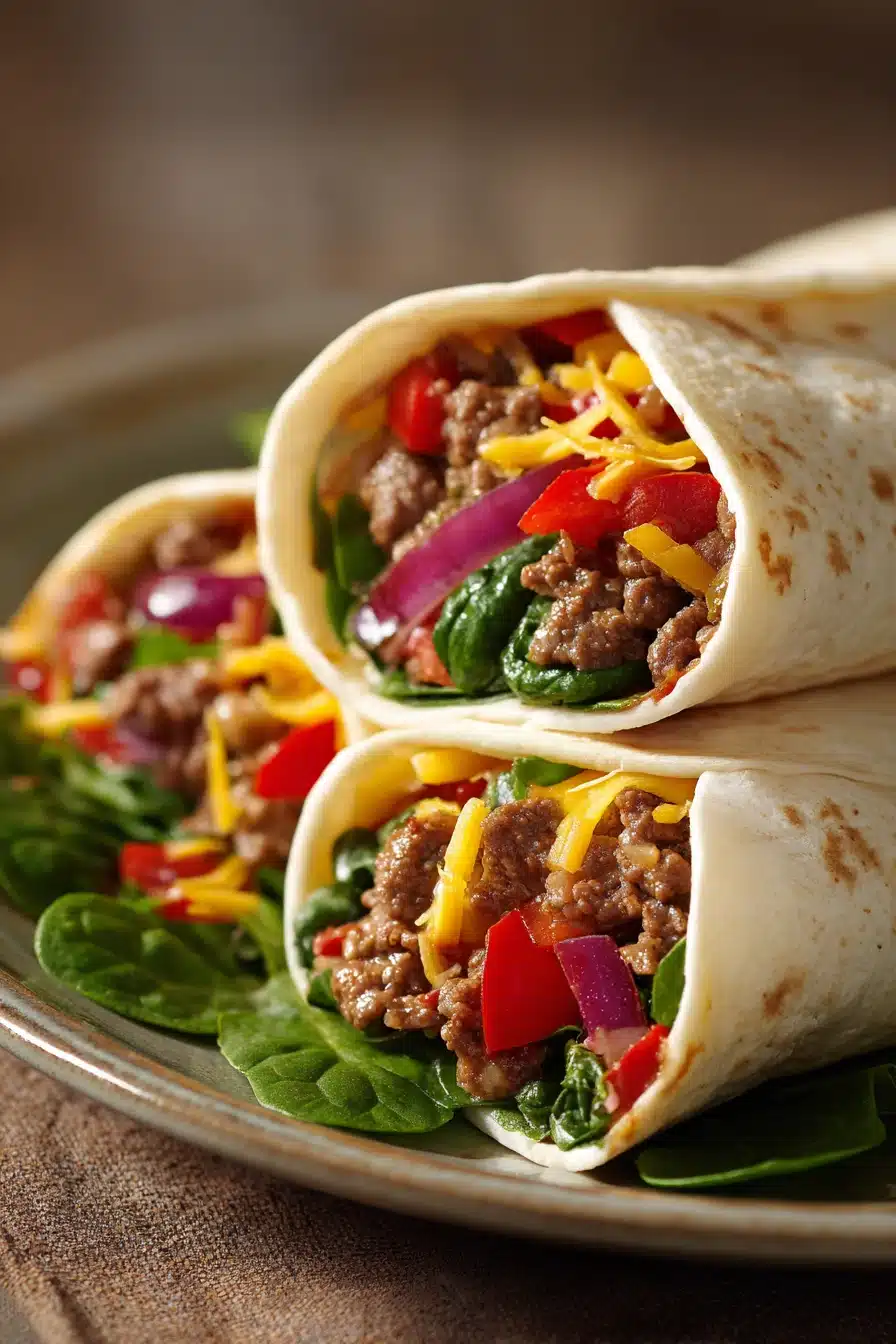 Close-up of high protein wraps with beef, fresh vegetables, and herbs on a clean background.