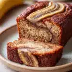 Close-up of homemade cinnamon swirl banana bread with a golden crust and visible swirls.