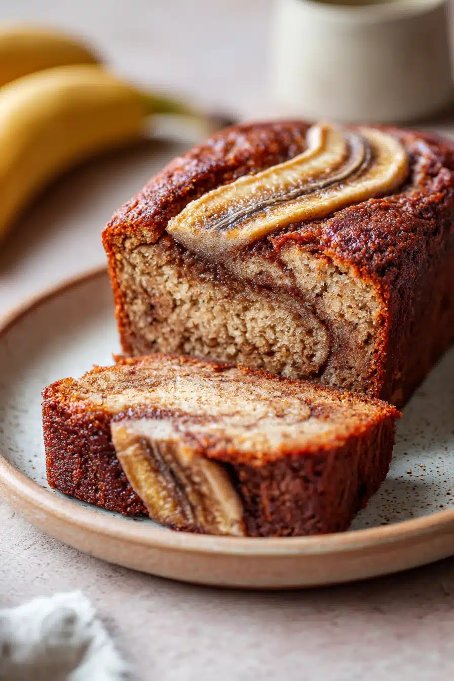 Close-up of homemade cinnamon swirl banana bread with a golden crust and visible swirls.