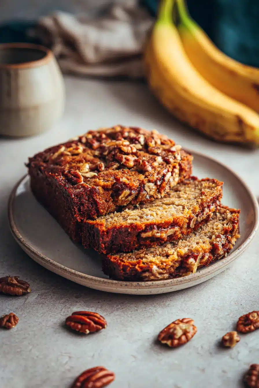 Close-up of hummingbird banana bread with a light, warm background.