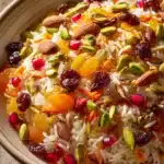 Close-up of Jeweled Vegetarian Rice Plov with vibrant vegetables and grains