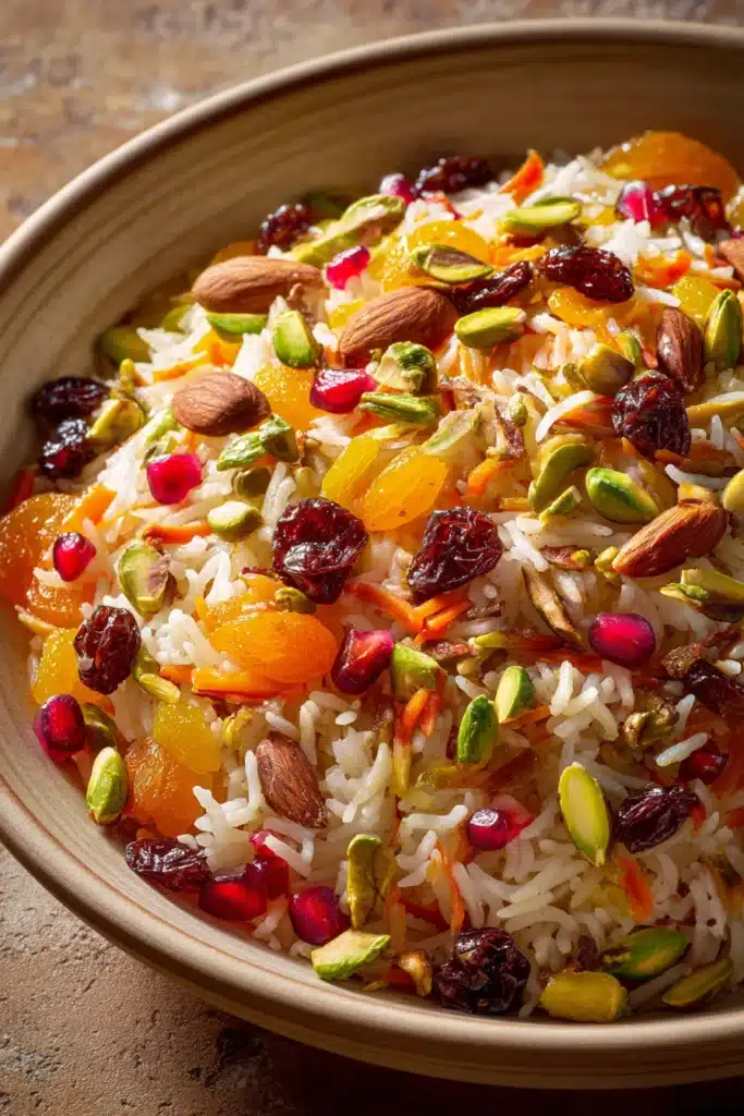 Close-up of Jeweled Vegetarian Rice Plov with vibrant vegetables and grains