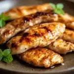 Close-up of juicy chicken breast strips with a clean background