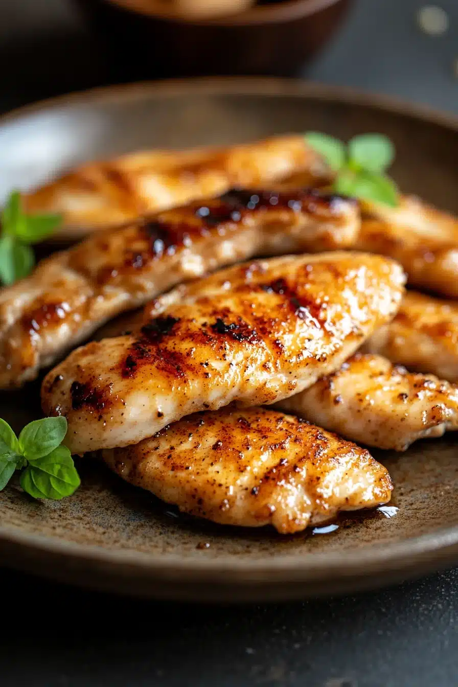 Close-up of juicy chicken breast strips with a clean background