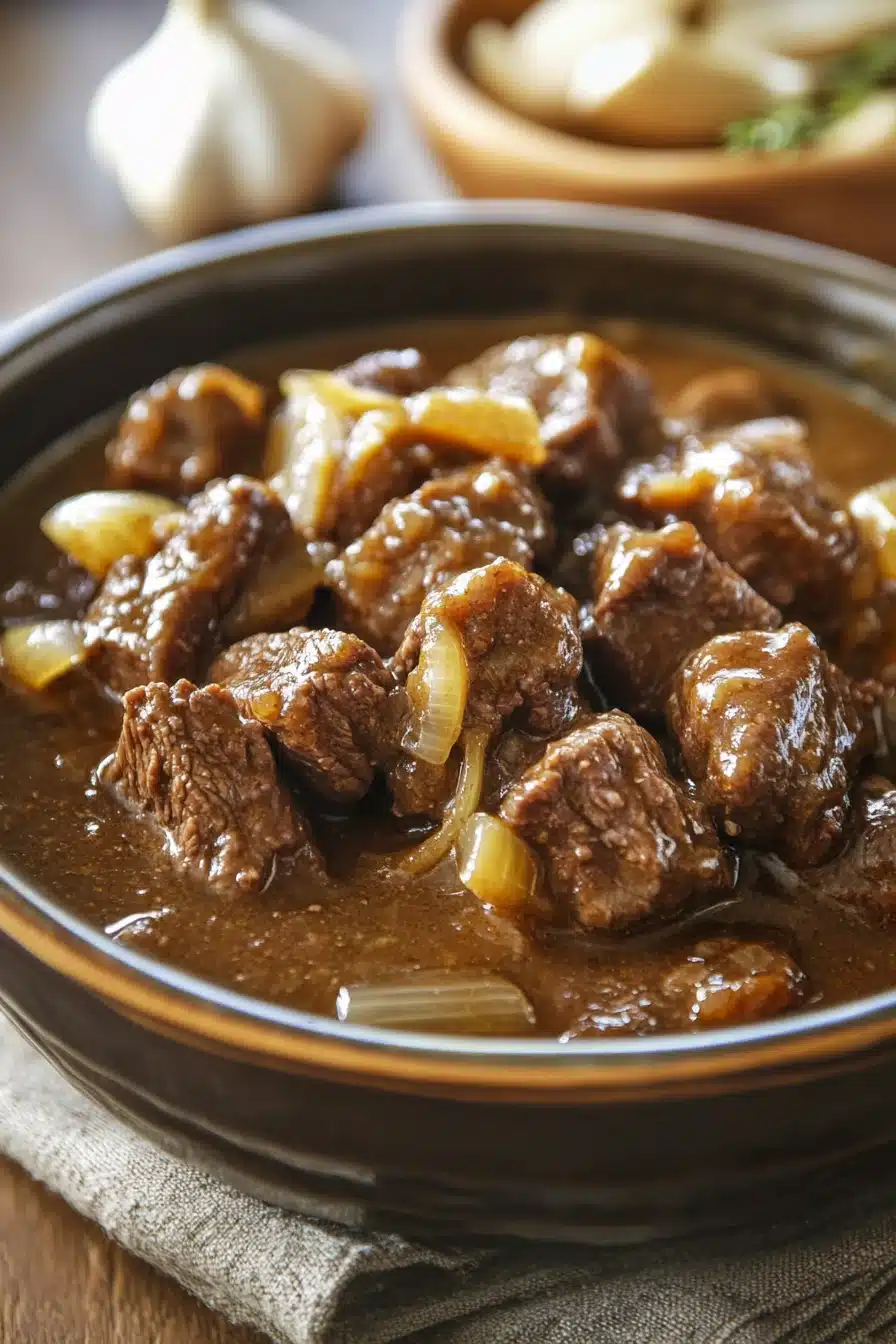 Close-up of keto beef tips and gravy in a crock pot with rich, hearty sauce.
