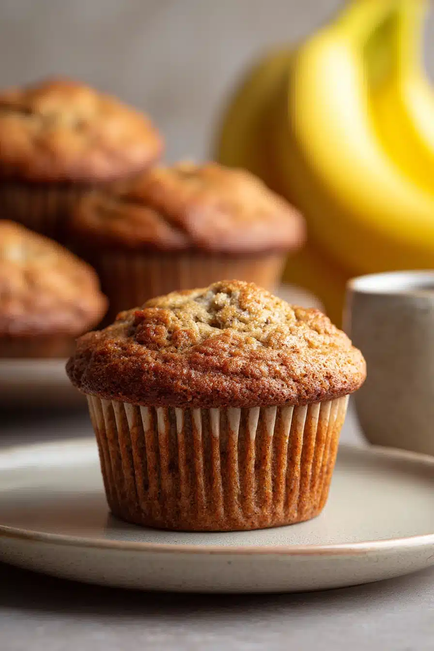 Close-up of Kodiak Cakes banana muffin with a golden brown top and soft texture.