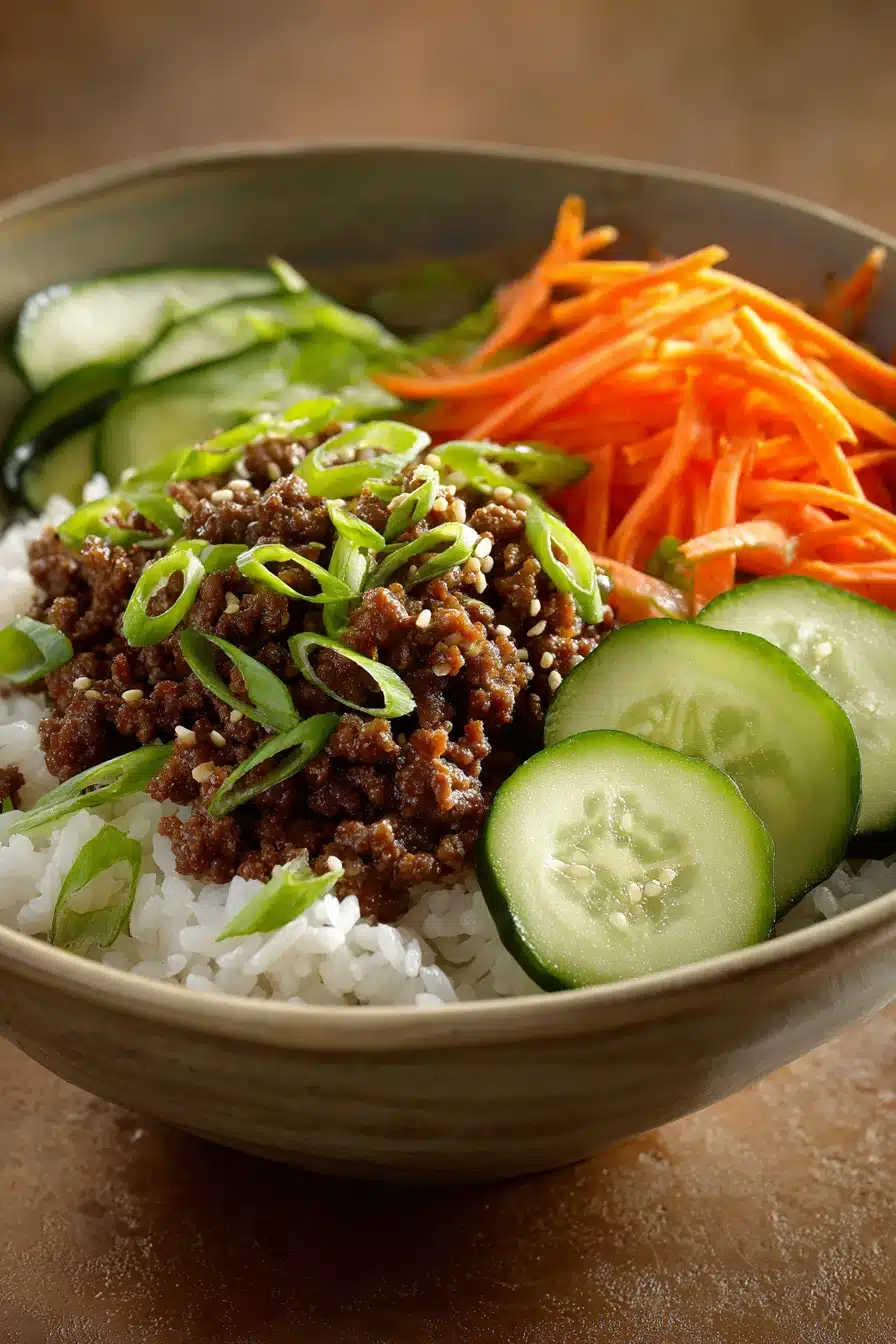 Close-up of a Korean ground beef bowl with rice and vegetables in warm lighting.
