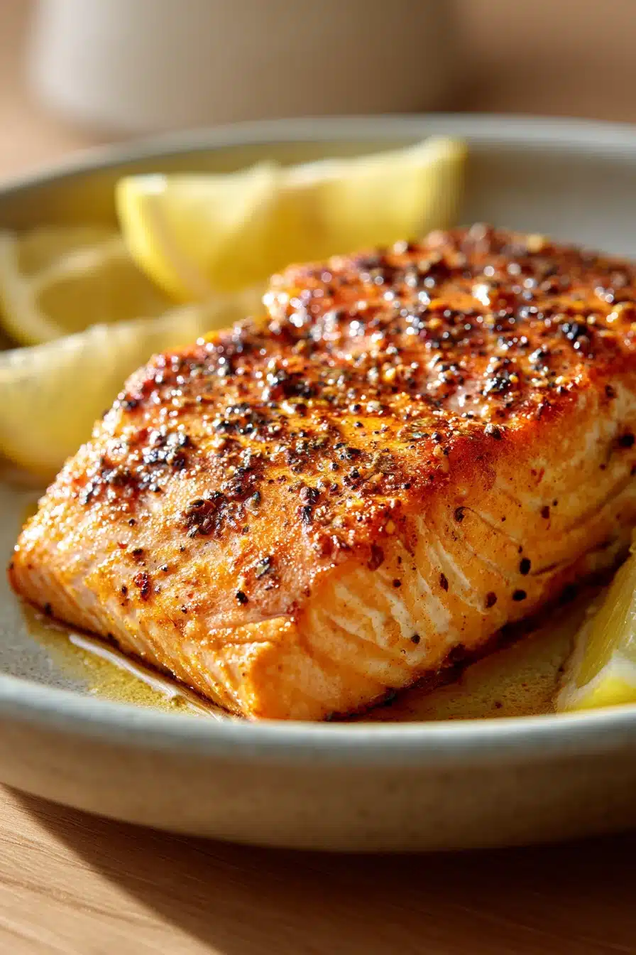 Close-up of lemon air fryer salmon with bright, natural lighting and a clean background.