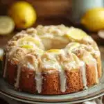Close-up of a lemon coffee cake with a crumbly topping on a white plate