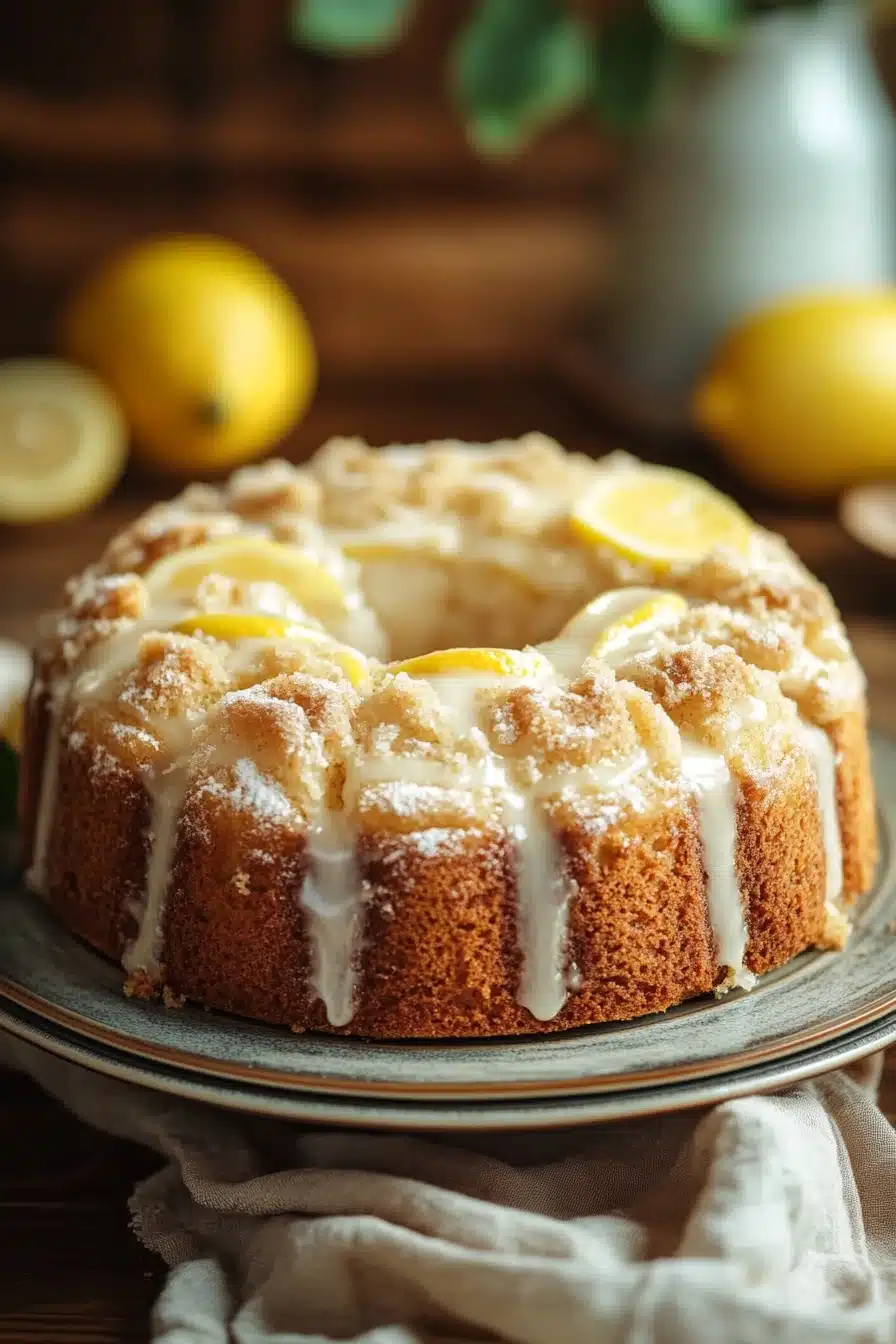 Close-up of a lemon coffee cake with a crumbly topping on a white plate
