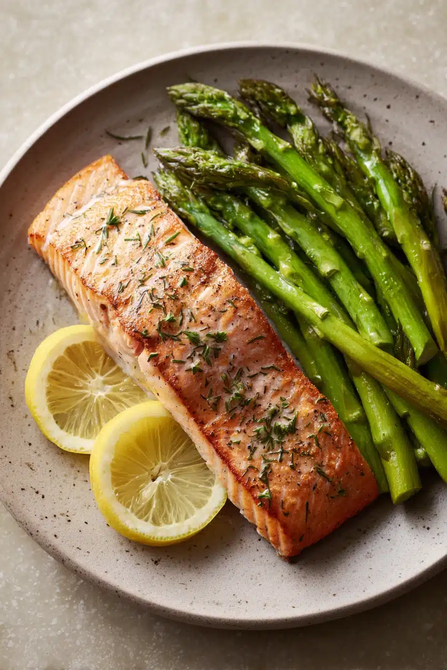 Close-up of Lemon Herb Butter Salmon and Asparagus with bright, natural lighting.